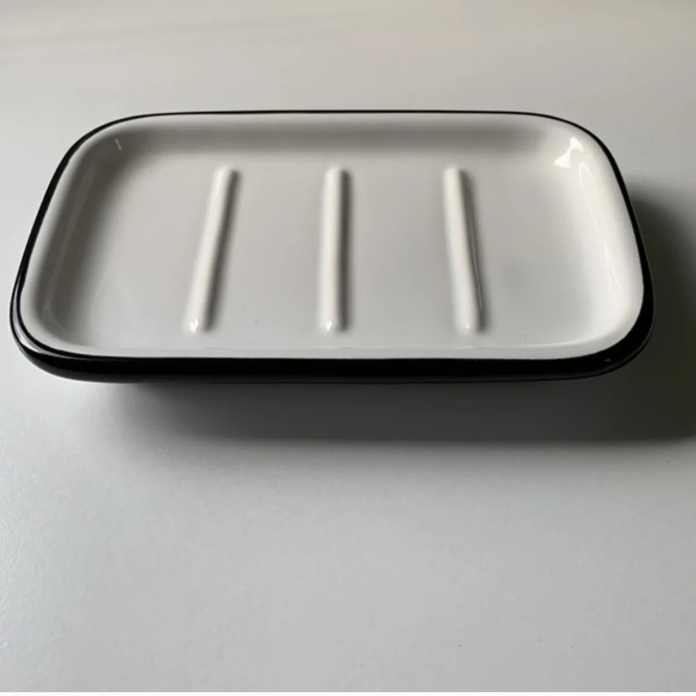 Hearth And Hand White Glazed Stonware Soap Dish with Black Trim